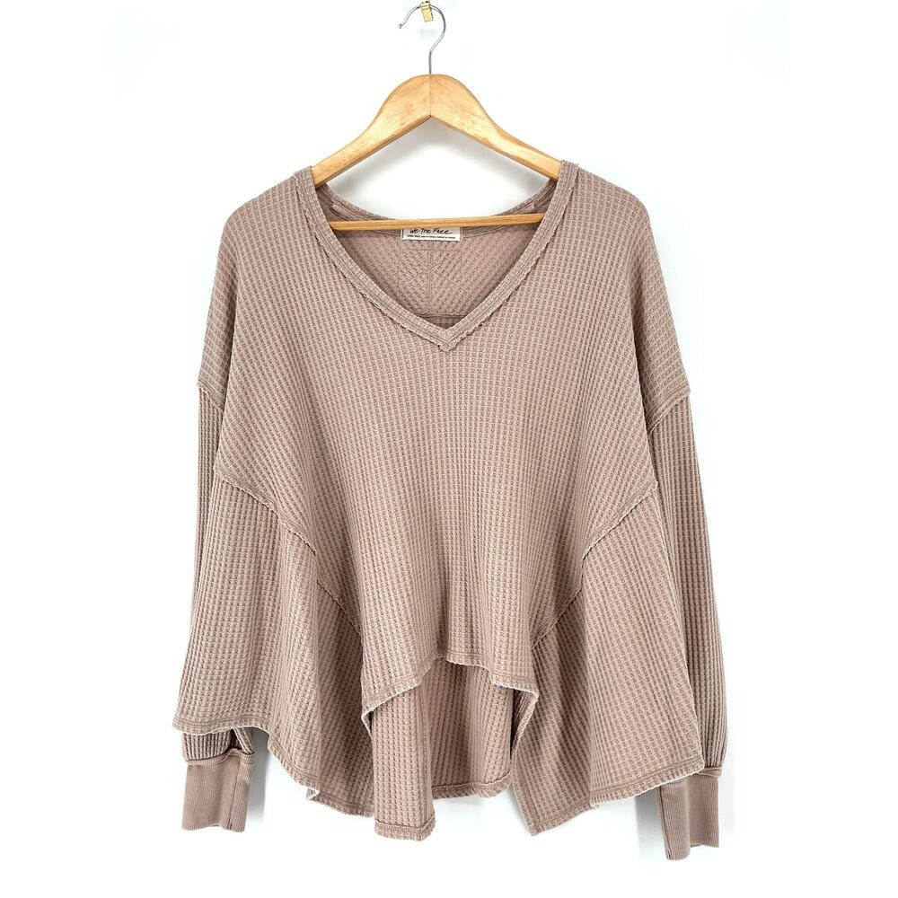Free People We The Free Coraline Thermal Top XS Taupe Waffle Knit Oversized